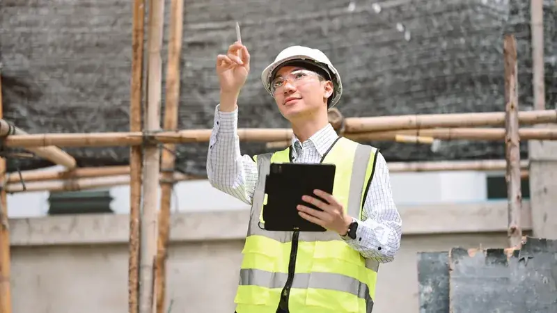 Conductrice de travaux avec tablette inspectant un chantier