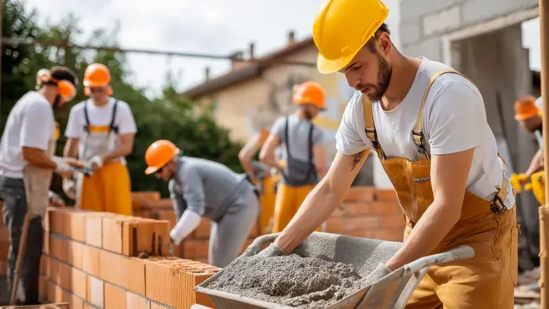 Équipe de maçons posant des parpaings sur un chantier