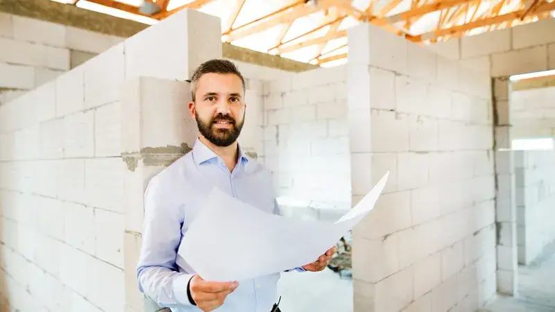 Gérant d'entreprise du bâtiment plans en main dans une maison en construction