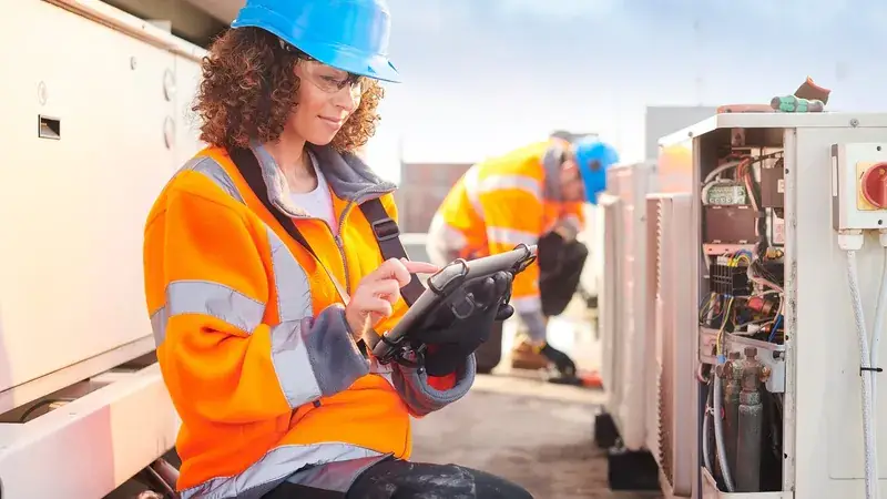 Technicienne CVC avec tablette près d'unités de climatisation en toiture