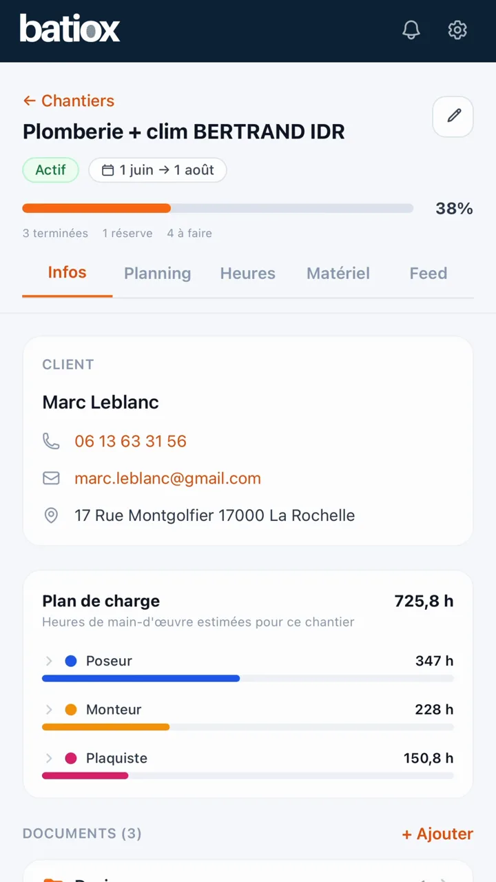 Fiche chantier Batiox sur mobile : client, avancement et plan de charge en heures
