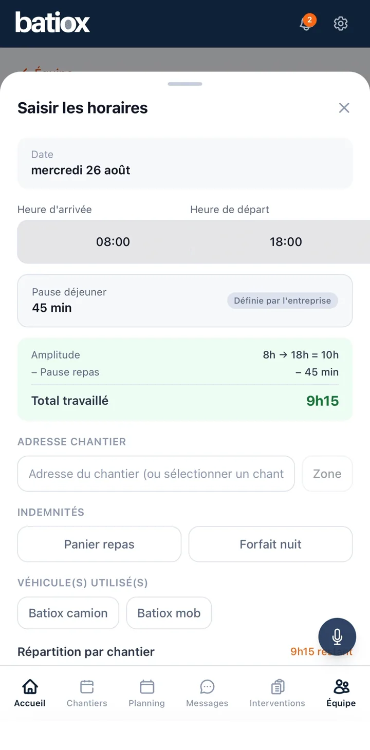 Saisie des horaires dans Batiox : arrivée, départ, pause déduite et total travaillé